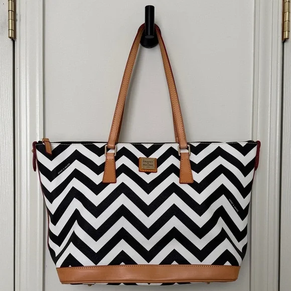 Dooney & Bourke Chevron Tote - Black and White with Tan Leather Trim - Picture 1 of 13